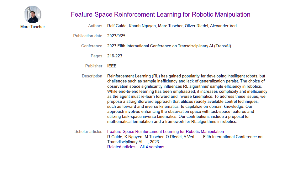 Feature-Space Reinforcement Learning for Robotic Manipulation