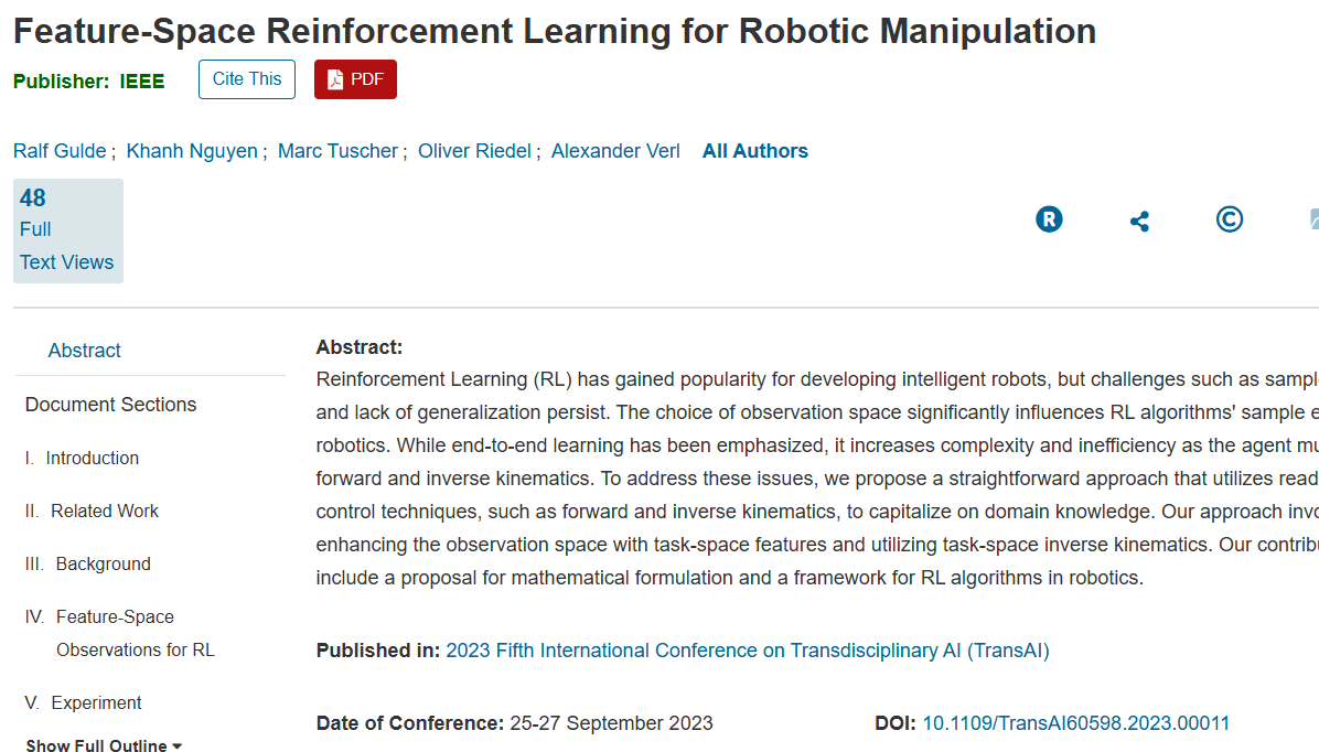 Feature-Space Reinforcement Learning for Robotic Manipulation